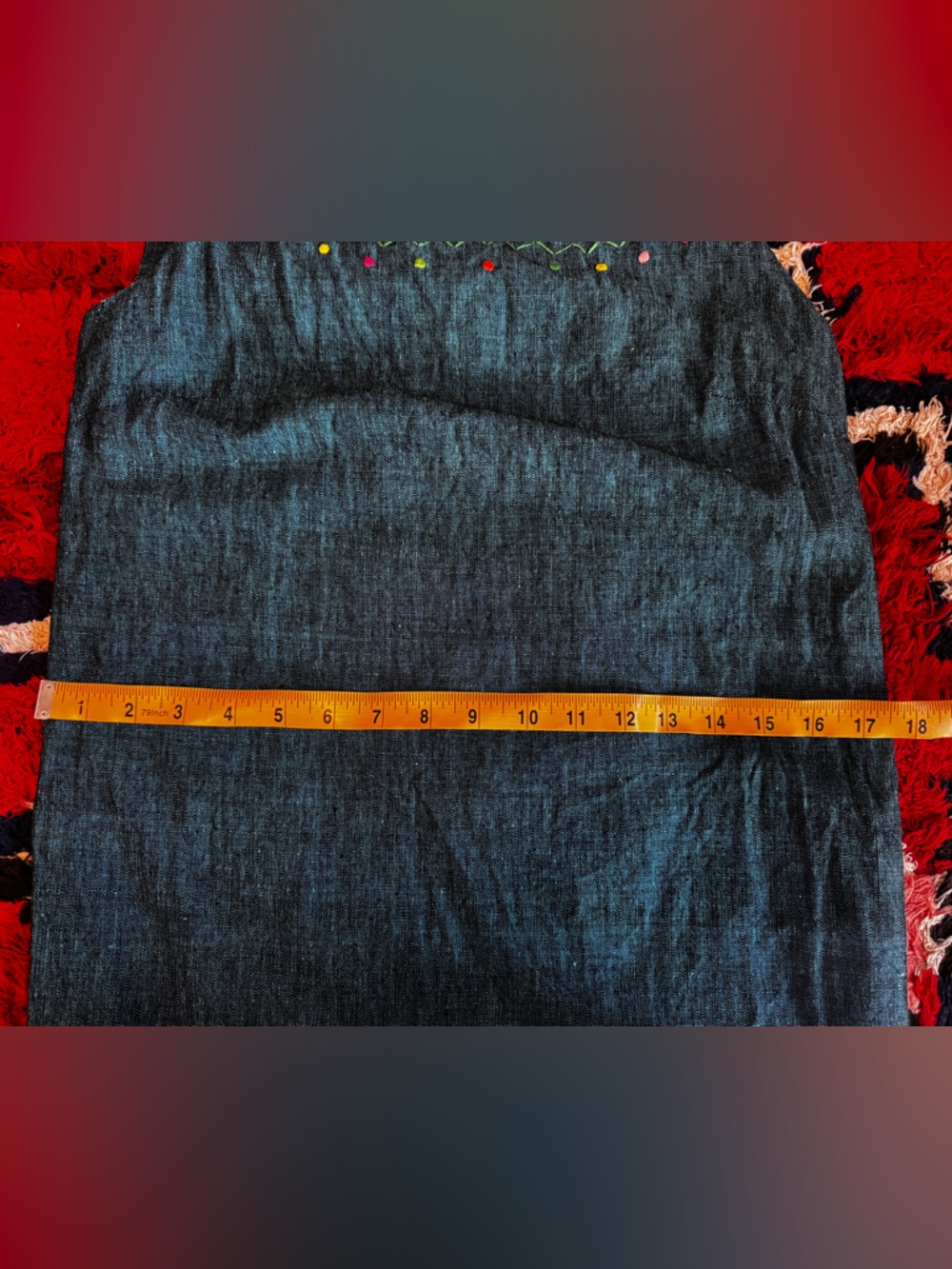 60s Vintage Blue Linen Mexican Tourist Dress w Embroidered Suns Sz SM - Picture 9 of 11